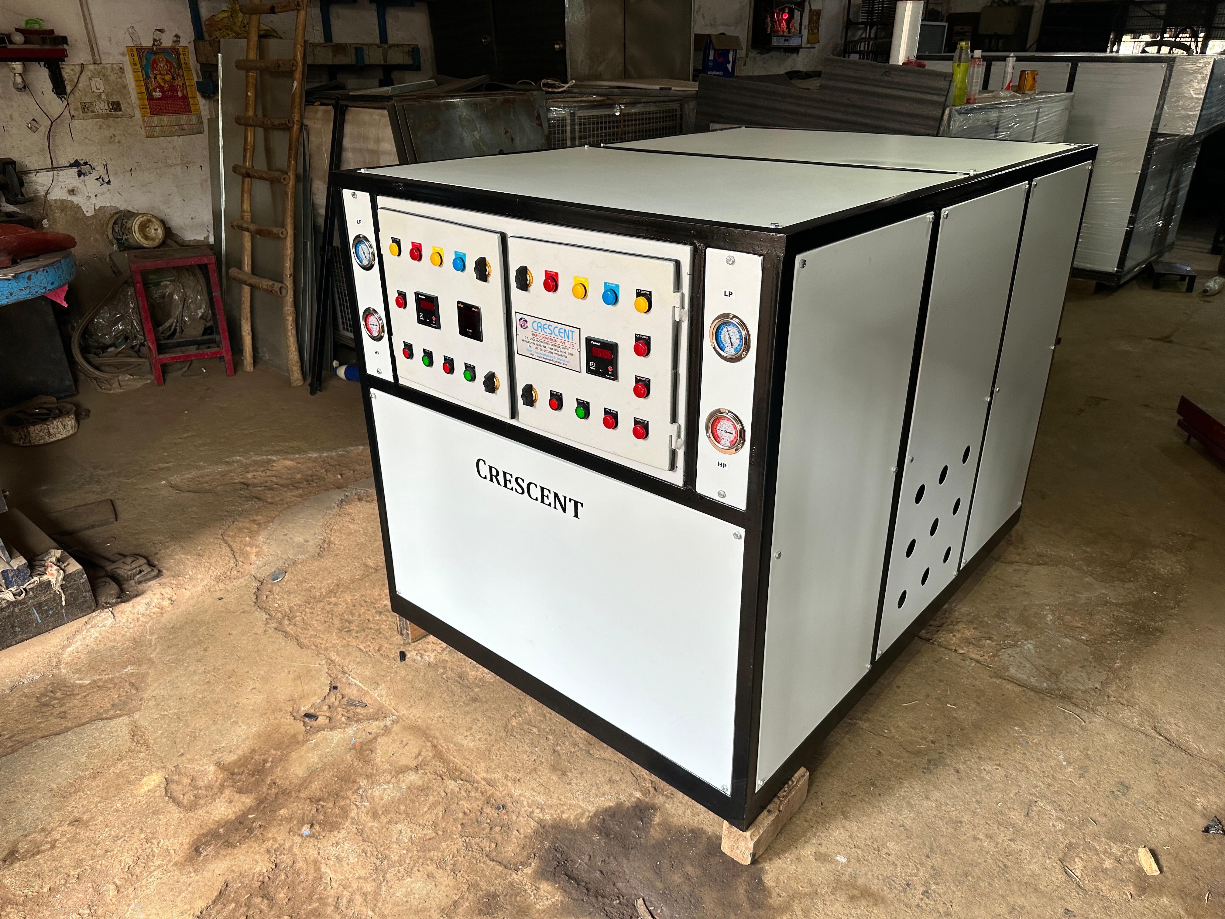 Large mesh-enclosed chiller unit on-site